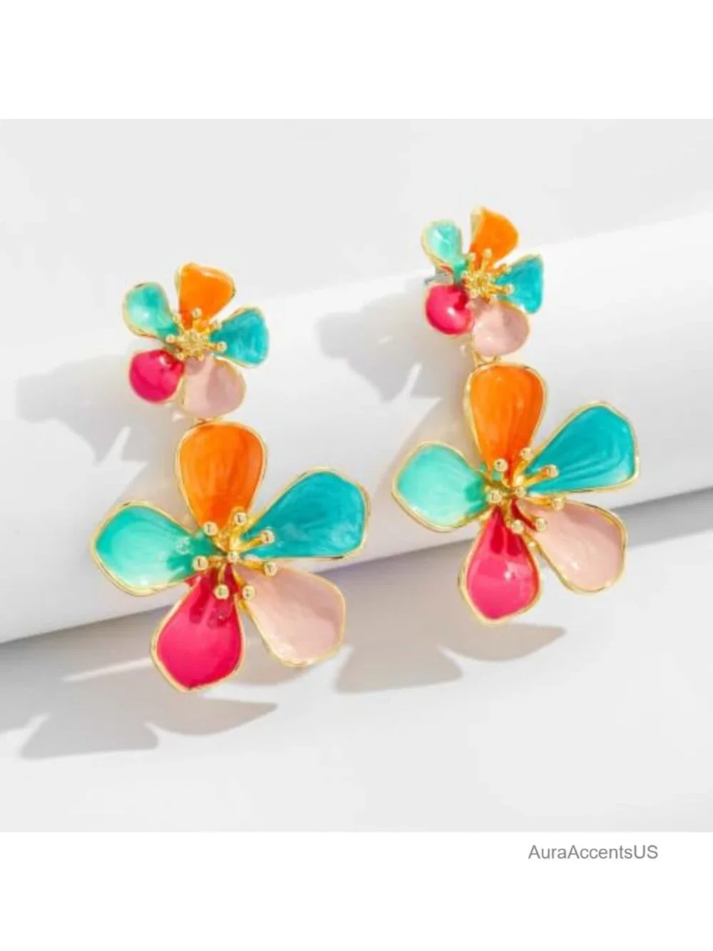 Hand-Painted Enamel Flower Drop Earrings Double Floral Statement Dangle